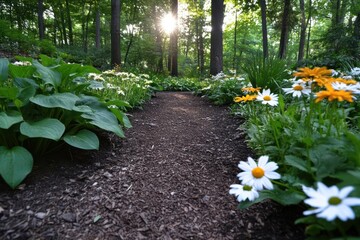 Aufkleber - A sunlit path through a lush garden featuring vibrant green foliage, white and yellow daisy-like flowers, and a trail of dark mulch leading into a forest of tall trees. The scene exudes natural