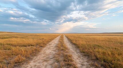 Fototapete - Landscape featuring a dusty path stretching through a dry, grassy field under a cloudy sky, distant trees and the sun visible above the horizon. The scene evokes a sense of tranquility and vastness