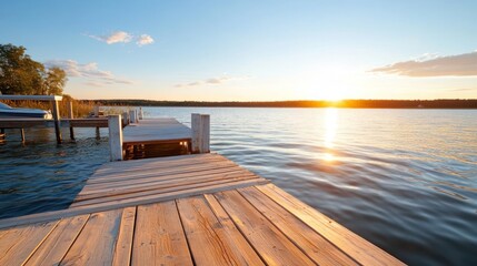 Poster - Scenic view of a weathered wooden pier extending into a serene lake at sunset, illuminated by the golden light, with a backdrop of distant trees and a partly cloudy sky. The tranquil scene evokes a
