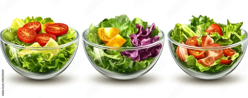 Eight white bowls contain vibrant vegetable salads, illustrated in a pixel art style