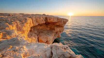 Poster - Golden sunset illuminating rugged cliffs overlooking the ocean. Turquoise water glistens under the warm light, with a clear blue sky adding to the tranquil scene. Cliff face, with textured rock