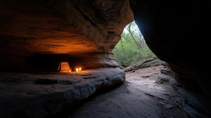 Aufkleber - Tranquil scene inside a rocky cave, illuminated by candlelight with green trees visible through the cave opening. The floor of the cave slopes gently downward, inviting exploration and contemplation