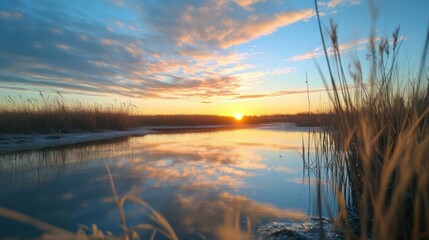 Aufkleber - This captivating image showcases a serene sunset reflecting on calm water, framed by tall, golden reeds under a blue and orange sky filled with soft clouds, capturing a peaceful and natural moment