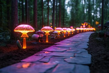 Aufkleber - A mystical forest path lit by glowing mushroom lamps. The scene features a stone pathway leading through the trees, lined with orange and purple illuminated mushrooms, creating a magical and