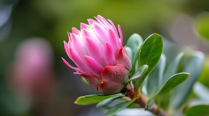 Aufkleber - Stunning Close-Up of a Vibrant Pink Flower with Lush Green Leaves Against a Blur Background : Generative AI