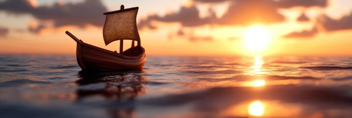 Poster - A pixelated wooden toy boat sails on calm waters at sunset with bright orange and pink tones. The boat is reflected on the water surface, creating a mirrored image with a peaceful atmosphere