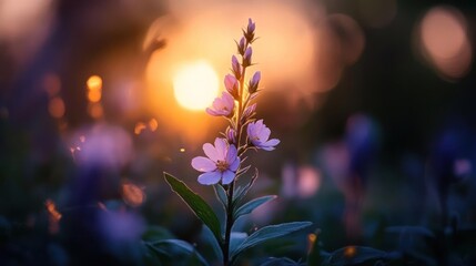 Leinwandbilder - Close-up of a flowering plant with purple petals illuminated by a golden sunset. The blurred background enhances the focus on the flower, creating a dreamy and ethereal scene with warm and cool