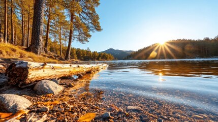 Aufkleber - Scenic landscape featuring a tranquil lake reflecting the golden sunlight, surrounded by autumn foliage and towering trees under a clear blue sky. Rocks and fallen leaves are visible on the