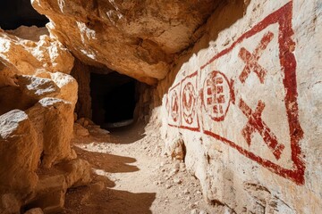 Leinwandbilder - View inside a historical cave showing sandy walls and a painted cross symbol in red paint. The cave is dimly lit, revealing a passage and rocky interior, conveying a sense of antiquity and