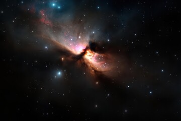 Aufkleber - A vibrant nebula glows with orange, pink, and white light against a dark expanse speckled with stars. wispy cosmic dust create the background and nebula, a mesmerizing display of celestial