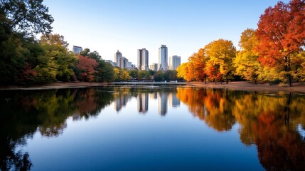 Poster - Stunning autumn reflection over serene lake with city skyline in background showcasing vibrant fall foliage : Generative AI