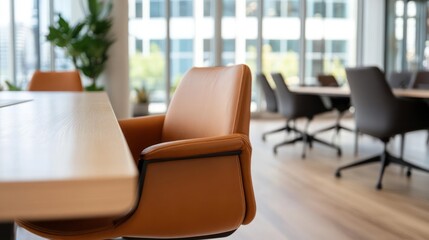 Poster - A modern office interior showcasing a light wood conference table, surrounded by leather chairs in brown and black. Sunlight streams through the large windows, highlighting potted plants and creating
