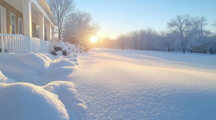 Leinwandbilder - A sunlit winter scene captures a snowy landscape, with a house visible in the background. The crisp white snow covers the ground, creating a serene and peaceful atmosphere. Trees dusted with snow