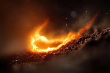 Fototapete - Abstract glowing fiery curve with sparks on a dark background. The image features a dynamic composition with a fiery glow that creates a sense of motion and intensity. The texture appears granular