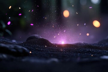 Fototapete - Abstract image of black textured surface with shimmering pink and gold particles floating above. Soft focus background of trees and bokeh provides depth to the mystical scene, lit with a central