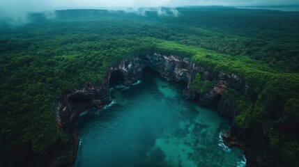 Poster - Dramatic aerial view features a rocky coastline with caves meeting the blue ocean and lush green forest against a cloudy sky. Shot with moody, contrasting lighting highlighting the natural beauty