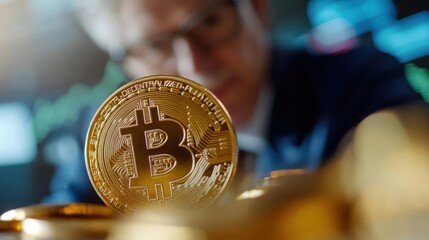 Fototapete - Close up of a golden generic cryptocurrency coin with a blurred person in a blue suit looking at it and stock market charts in the background. The image conveys financial investment and the use of