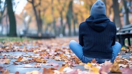 Poster - Person Sitting on Ground Surrounded by Fall Leaves in a Park with Trees in the Background : Generative AI