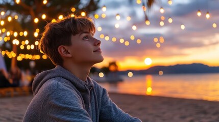 Poster - A young person sits on a sandy beach at sunset under festive string lights, gazing upwards. The ocean reflects the warm hues of the setting sun, creating a bokeh effect with the lights above
