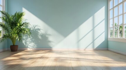 Poster - Bright, light filled room features a potted plant, light blue walls, and gleaming wood floors illuminated by sunlight streaming through large windows. This serene and inviting scene captures the