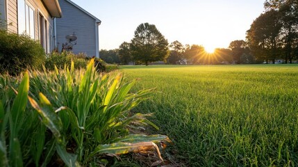 Poster - Scenic view of a lush green lawn bathed in the warm glow of a sunrise, with a building on the left and trees in the background. Focus on the grass and nearby plants, capturing the freshness of the