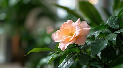 Poster - A close-up captures the delicate beauty of a peach-colored rose in full bloom, its petals unfurling amidst vibrant green leaves glistening with droplets, all set against a soft, blurred background