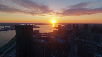 Poster - Aerial view of city skyline at sunset with beautiful sky and calm waters below : Generative AI