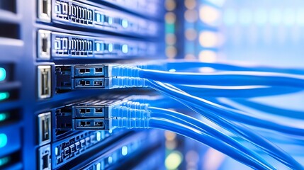 Fototapete - Close up of server connections showcasing blue cables and connected devices : Generative AI