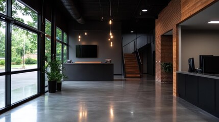 Poster - The expansive office interior features a sleek gray concrete floor, a dark gray reception desk paired with a wall-mounted TV, a staircase leading upwards, a red brick column, and ample natural light