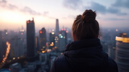 Aufkleber - A woman gazes over a cityscape at dusk, her hair in a bun and wearing a dark jacket. The city buildings are illuminated against the twilight sky, with a mix of soft natural light and artificial city