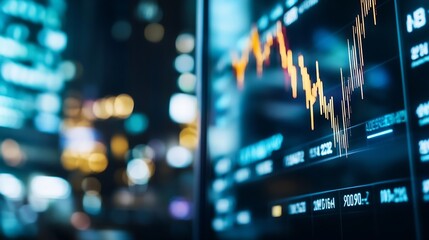 Aufkleber - Dynamic Stock Market Data Visualization with Colorful Graphs and Blurred City Lights Background : Generative AI