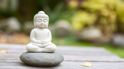 Fototapete - Elegant Buddha Statue on Stone with Blurred Natural Background for Meditation and Peaceful Vibes : Generative AI