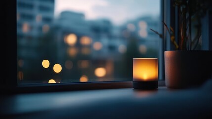 Aufkleber - A candle glows softly on a windowsill, illuminating the cozy indoor scene. Outside, blurred lights suggest a cityscape at dusk, creating a serene and inviting atmosphere perfect for stock