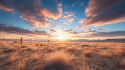 Poster - A striking low angle shot captures a dry, grassy plain under a dramatic sky ablaze with orange and pink clouds at sunset, creating a serene landscape view with a glowing horizon