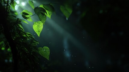 Aufkleber - Sunlight streams through the lush forest canopy, illuminating vibrant green leaves with a bokeh effect and creating a magical atmosphere. Dark background and leaves bring a sense of peacefulness