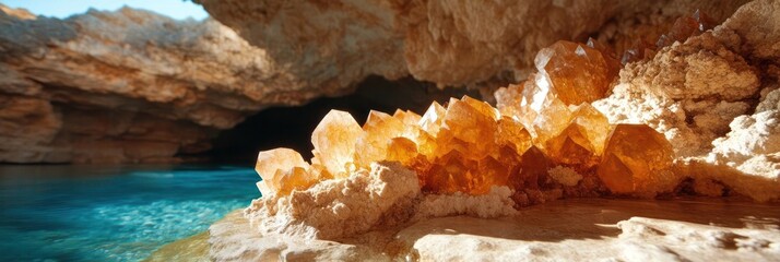 Poster - A striking shot features sharp amber crystals in a sandstone cave by serene turquoise waters. The scene is lit by soft lighting, enhancing the mineral textures and the water's glow