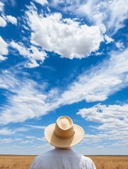 Aufkleber - Person in a straw hat standing under a bright blue sky with white clouds in a vast open field : Generative AI