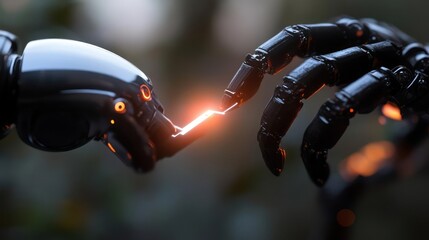 Fototapete - A close-up showcases the intricate interaction between two metallic, robotic hands, with an electric arc of orange light sparking between their fingertips. The background is soft and out-of-focus
