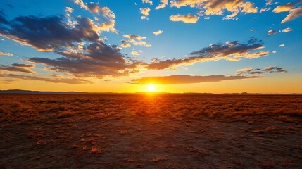 Aufkleber - Breathtaking Sunset Over an Open Field with Clouds and Golden Horizon Landscape : Generative AI