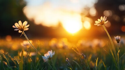 Leinwandbilder - Close-up of white clover flowers in a field during sunset. Golden light illuminates the petals and surrounding green grass. The scene conveys warmth and tranquility in a natural setting