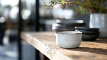 Aufkleber - Close up shot features a textured ceramic cup on a rustic wooden table, with stacked bowls and plant in a white vase in the blurred background. The soft lighting and neutral tones create a calming