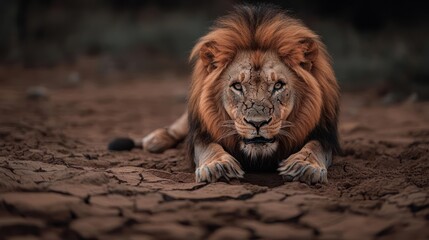 Aufkleber - A powerful lion portrait captures the animal seated on parched cracked ground, its mane a fiery contrast to the muted landscape. Intense eyes meet the viewer's gaze, showcasing the lion's regal
