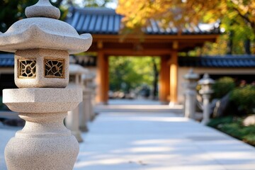 Poster - Close-up of a stone lantern in a garden, with a blurred background of a wooden gate and autumn foliage. The lantern is intricately detailed, with a light shining through its windows, adding a touch