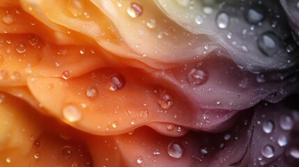 Poster - Close-up captures the intricate details of a flower blossom, enhanced by water droplets and a gradient of warm to cool tones under natural light. The petals display textures and colors, creating a