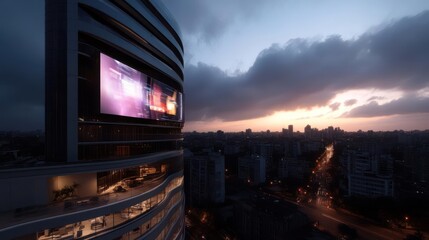 Aufkleber - A view of a tall building with a large screen displaying a colorful image, set against a cityscape at dusk. The sky features shades of purple and orange from the setting sun, creating a warm contrast