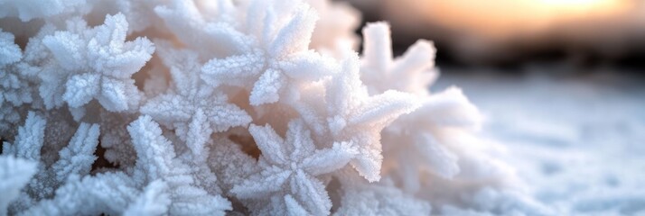 Poster - Macro shot of white frost flowers with intricate details, soft focus and warm color gradient background. The ice crystals form delicate, star-like structures with a gentle play of light and shadow
