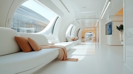 Aufkleber - Minimalist white interior space features curved seating, plush cushions, and modern architectural design with large windows. Bright sunlight streams through, illuminating the clean, spacious
