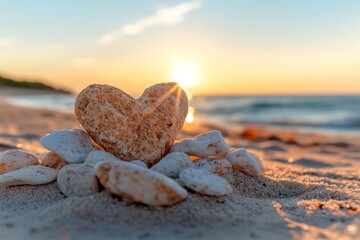 Poster - A heart shaped sandstone is placed on the sand with white stone, the golden sunset shines over the sea on the background. The light reflect to the stone surface creating a warm and love sensation