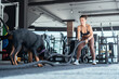 © 2B - Woman exercises with dog using battle ropes in a modern gym environment during daytime