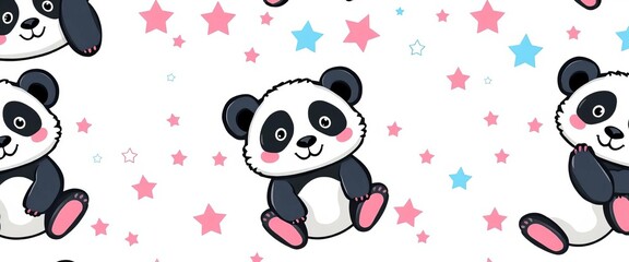 Wall Mural - Adorable panda seamless pattern, pink & blue stars on light grey Cute cartoon animal design, stars, blue